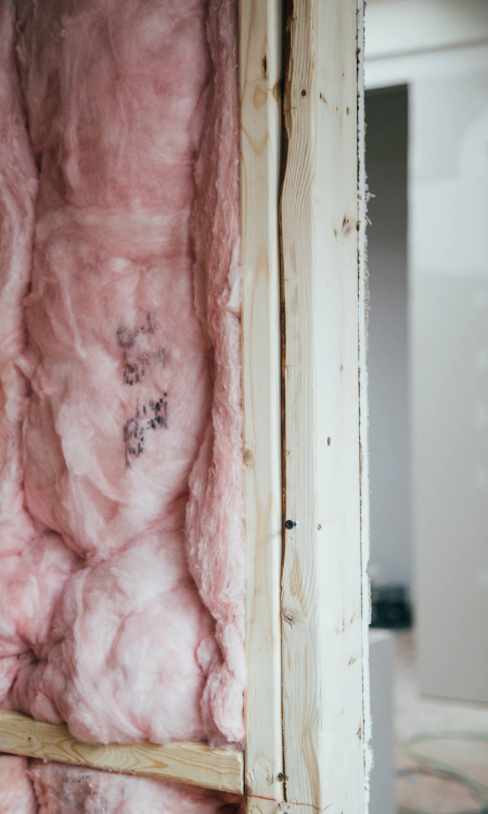 pink fiber glass on a wood wall with beige frames