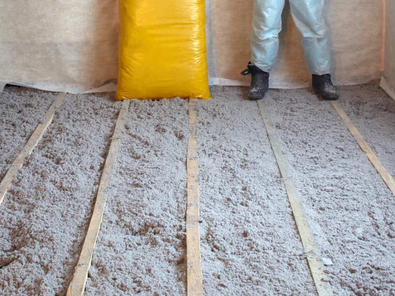worker adding cellulose insulation on the floor of a ceiling of a house